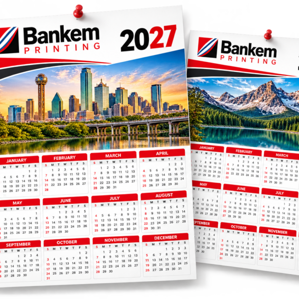 Bankem Printing single-sheet 12 by 18 inch 2027 wall calendar showing all twelve months, mounted with thumb pins