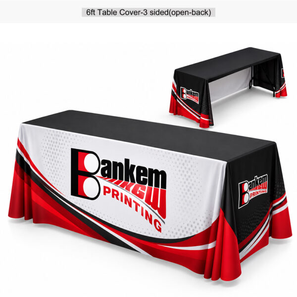 Bankem Printing red black and white 6 foot three-sided table cloth, front display with smaller rear open-back view