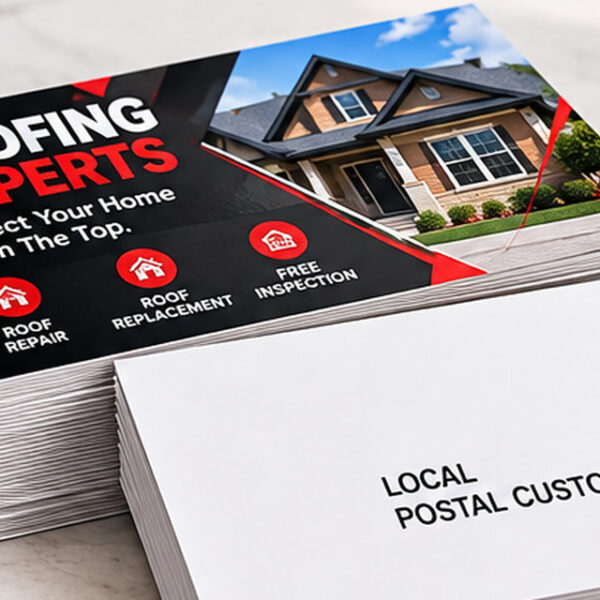 Stacks of custom Every Door Direct Mail postcards prepared for local postal delivery