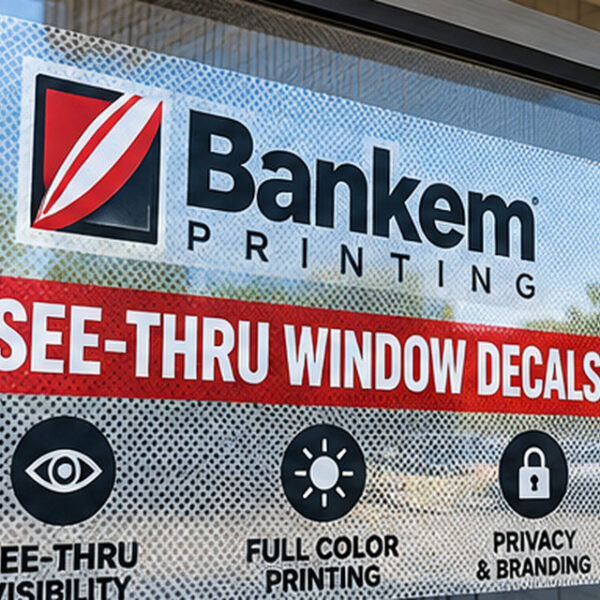 Rectangular perforated window vinyl graphics on storefront glass, allowing see-through visibility