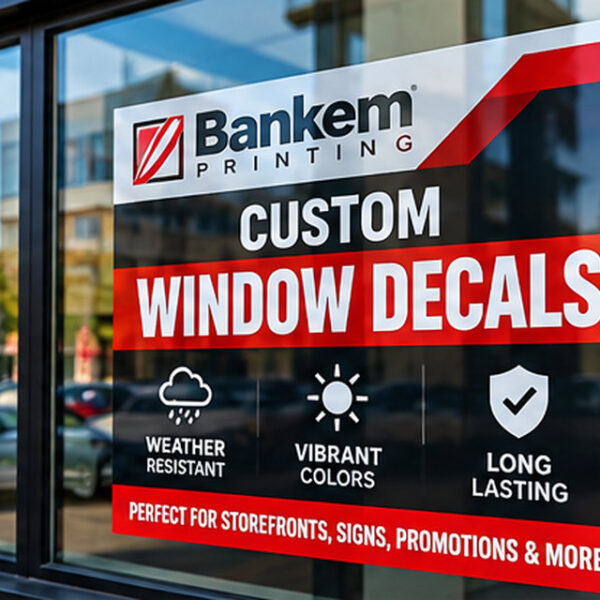 Large rectangular opaque adhesive window graphic installed on storefront glass, not a circular decal